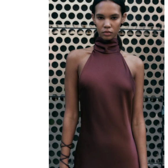 ZARA WOMAN NWT FW24 WINE SATIN EFFECT HALTER NECK LONG DRESS - Picture 3 of 10